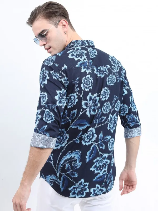  Ketch Men Navy Blue Printed Slim Fit Casual Shirts