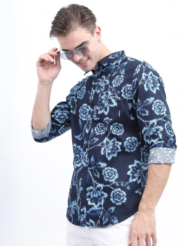  Ketch Men Navy Blue Printed Slim Fit Casual Shirts