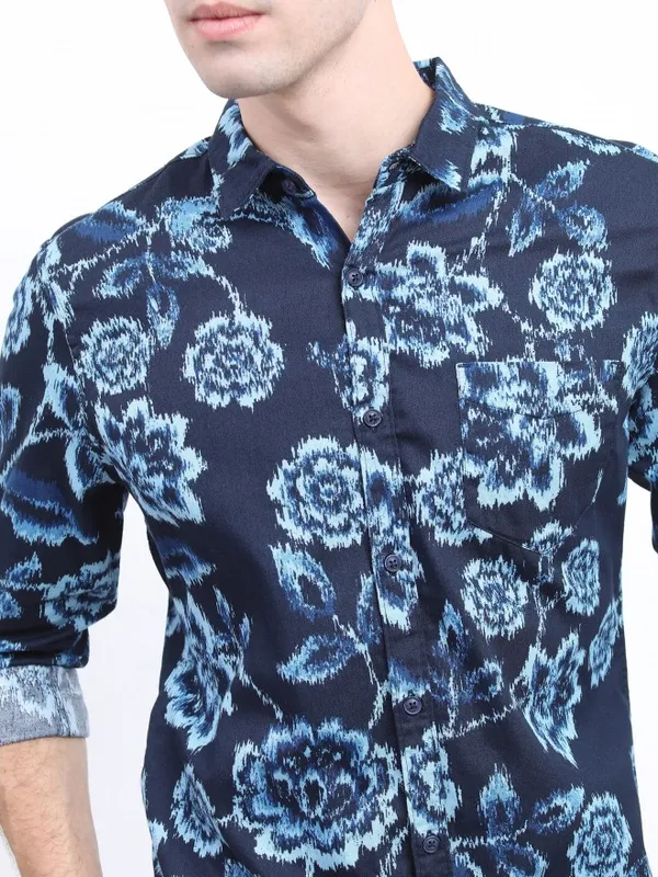  Ketch Men Navy Blue Printed Slim Fit Casual Shirts