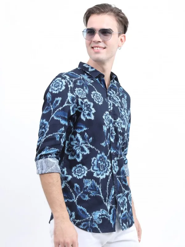  Ketch Men Navy Blue Printed Slim Fit Casual Shirts