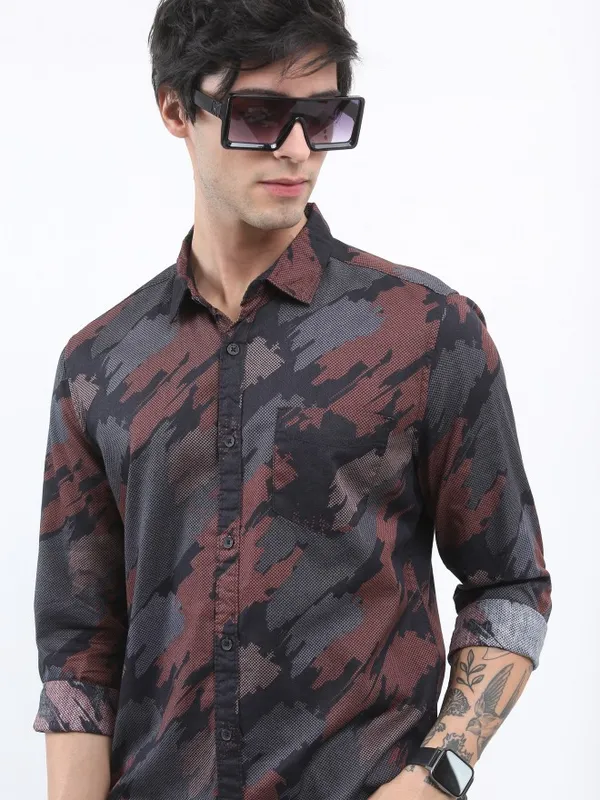  Ketch Men Brown Printed Slim Fit Casual Shirts