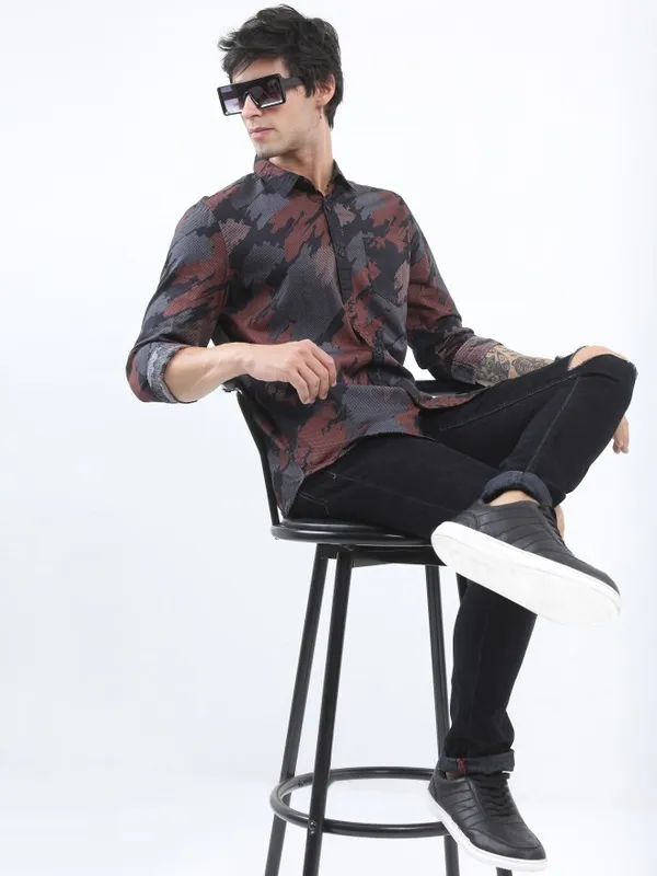  Ketch Men Brown Printed Slim Fit Casual Shirts