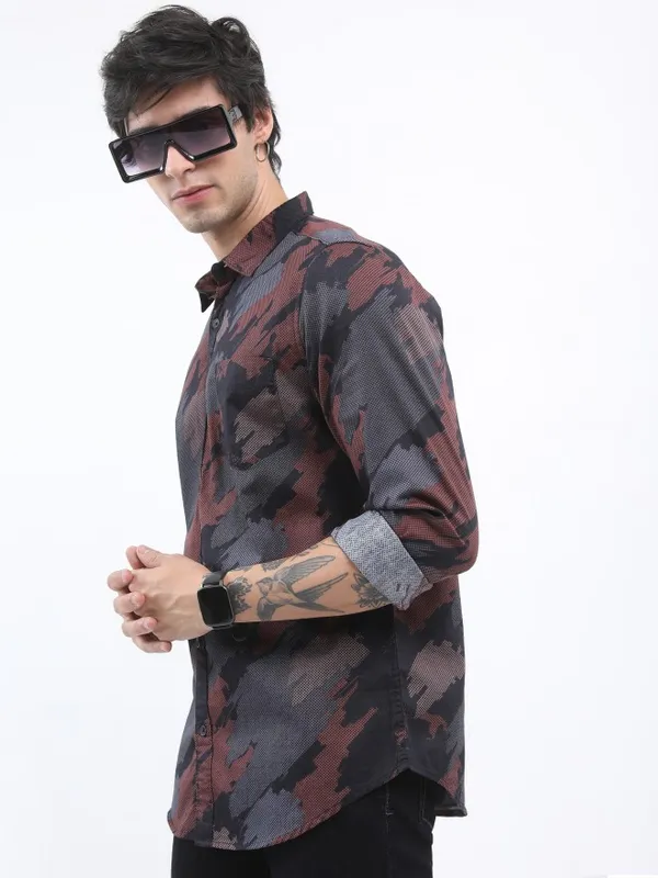  Ketch Men Brown Printed Slim Fit Casual Shirts