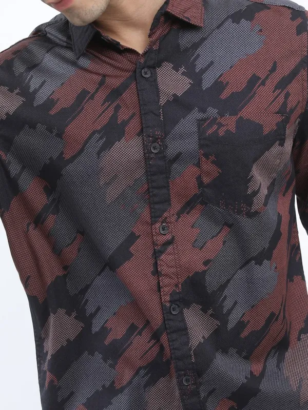 Ketch Men Brown Printed Slim Fit Casual Shirts