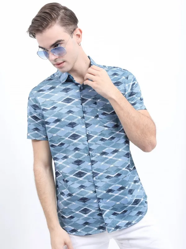  Ketch Men Teal Printed Slim Fit Casual Shirts