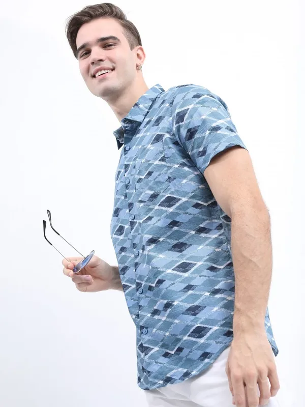  Ketch Men Teal Printed Slim Fit Casual Shirts