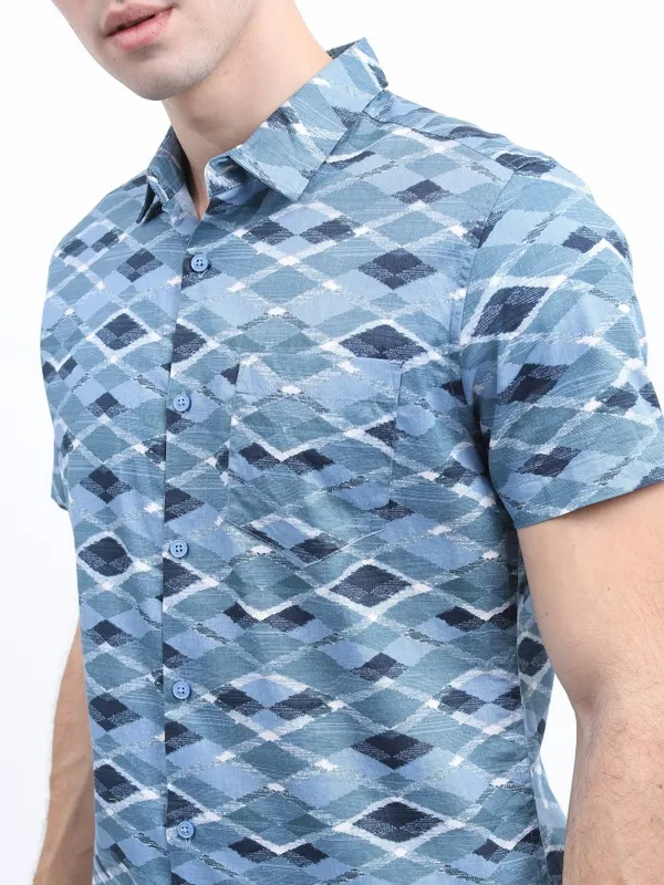  Ketch Men Teal Printed Slim Fit Casual Shirts