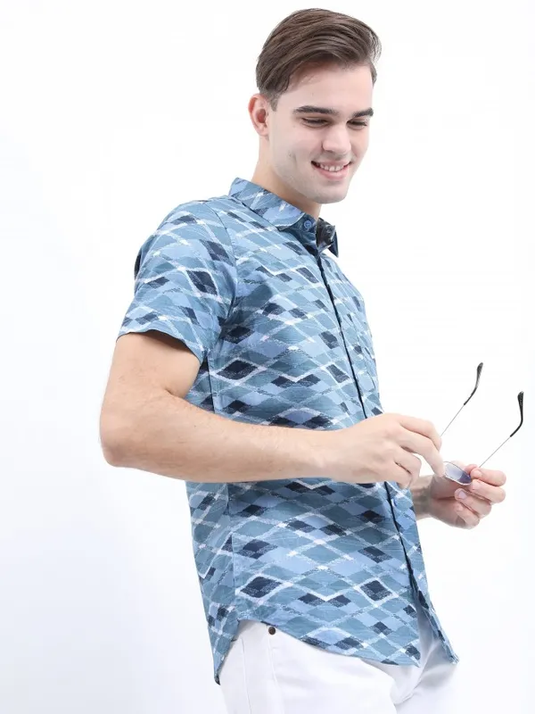  Ketch Men Teal Printed Slim Fit Casual Shirts