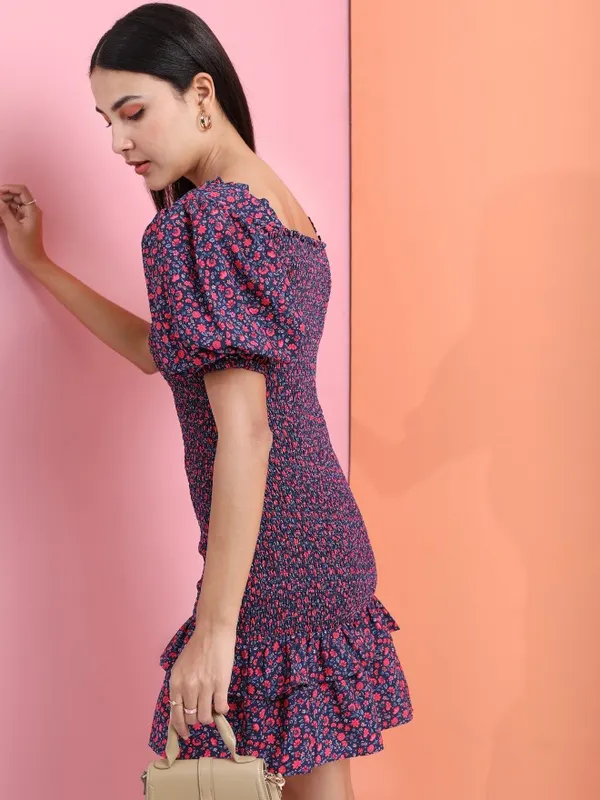 Tokyo Talkies Women Navy Blue Printed Drop-Waist Dress