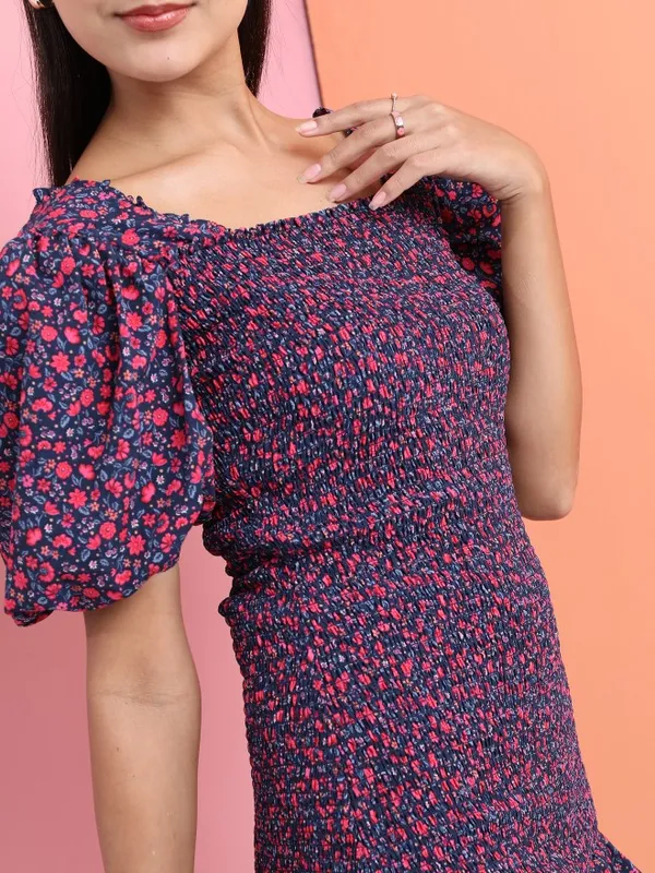 Tokyo Talkies Women Navy Blue Printed Drop-Waist Dress