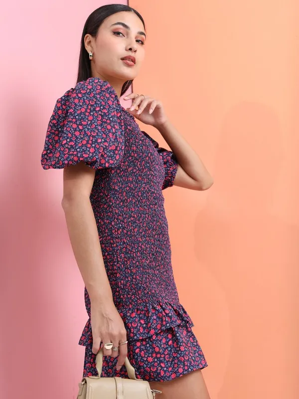 Tokyo Talkies Women Navy Blue Printed Drop-Waist Dress