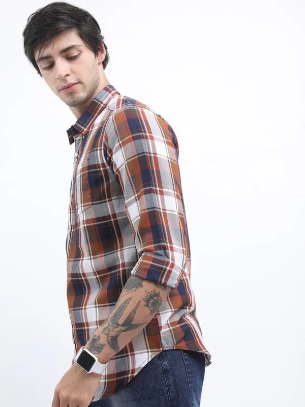  Highlander Men Terracotta Checked Slim Fit Casual Shirts