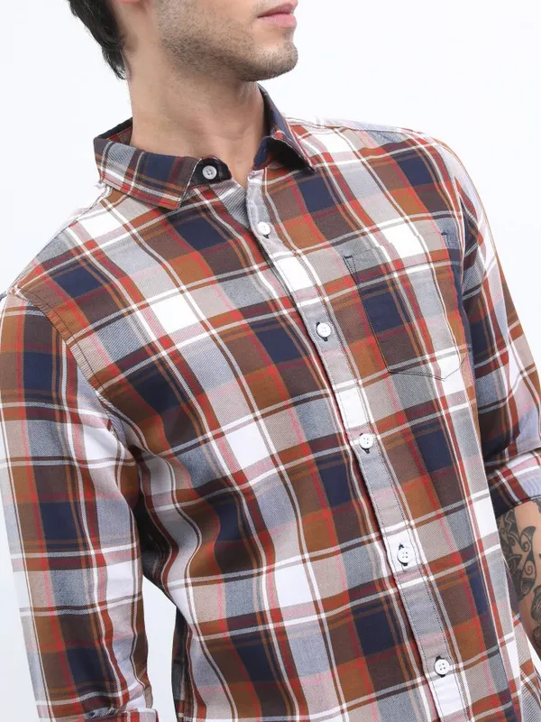  Highlander Men Terracotta Checked Slim Fit Casual Shirts