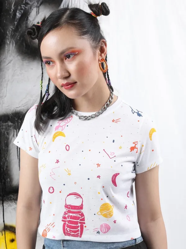  Tokyo Talkies Women White Printed Round Neck T-Shirts