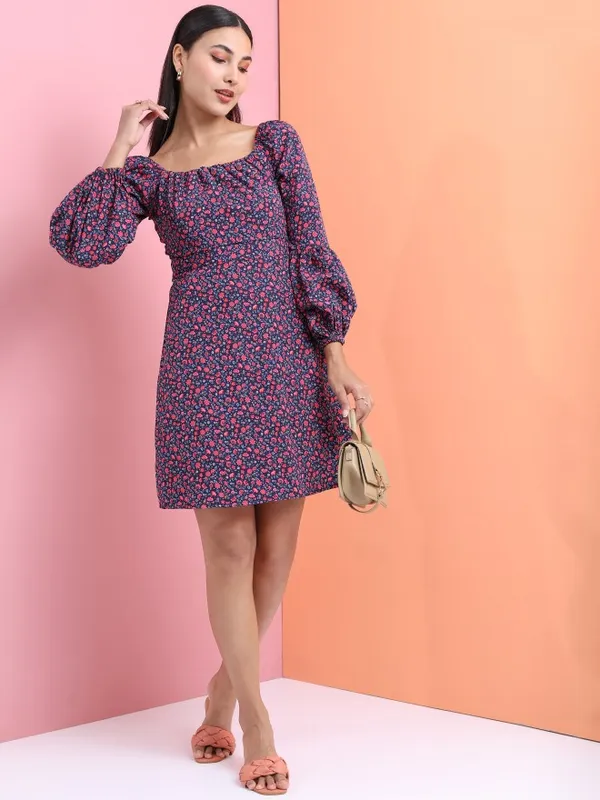 Tokyo Talkies Women Navy Blue Printed Fit And Flare Dress