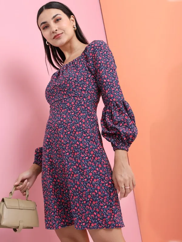 Tokyo Talkies Women Navy Blue Printed Fit And Flare Dress