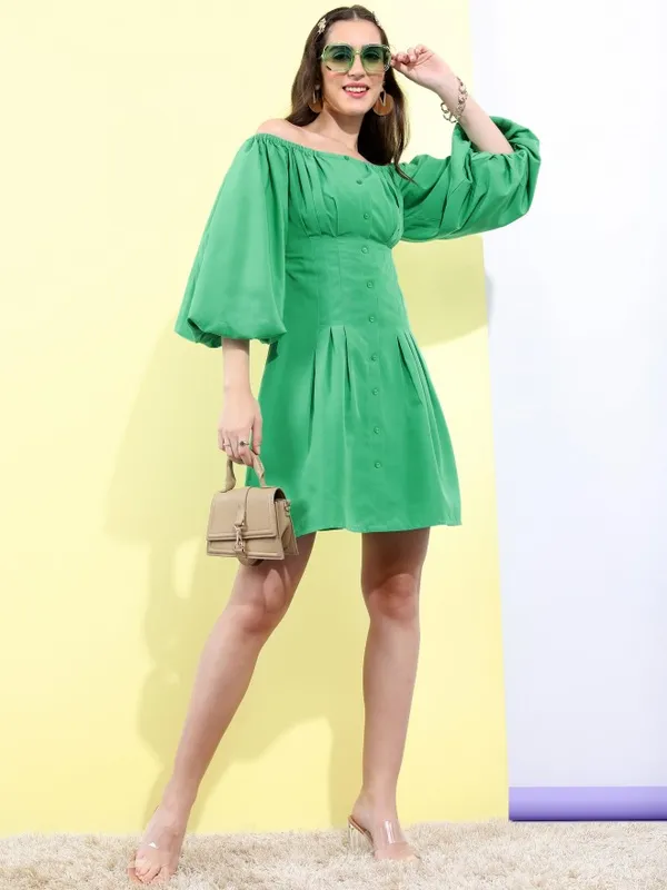 Tokyo Talkies Women Green Solid Fit And Flare Dress