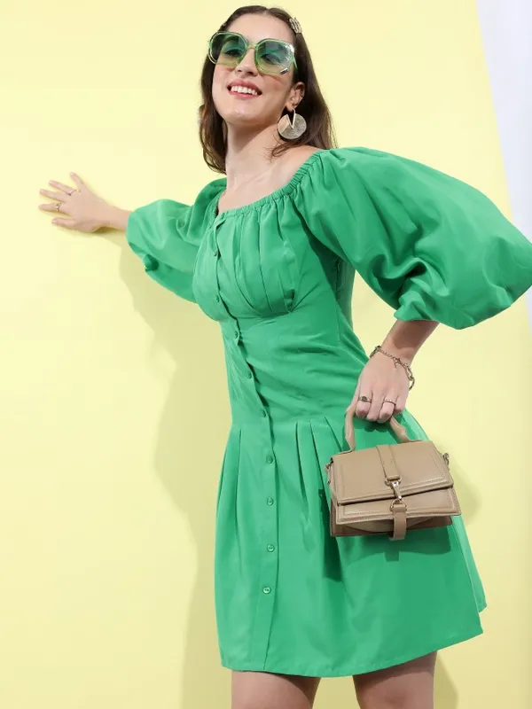 Tokyo Talkies Women Green Solid Fit And Flare Dress