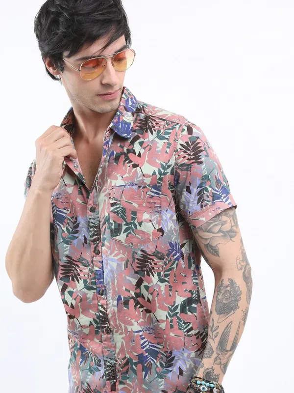  Highlander Men Green Printed Slim Fit Casual Shirts