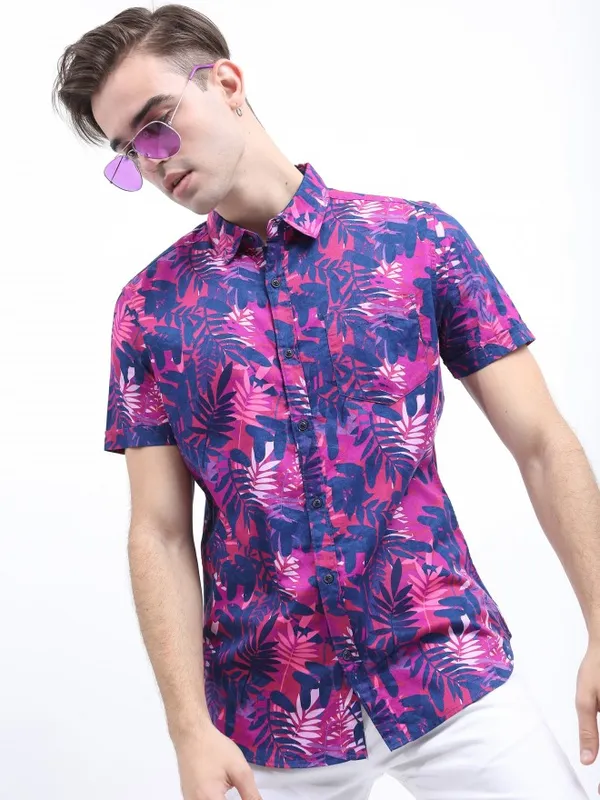 Highlander Men Blue Printed Slim Fit Casual Shirts