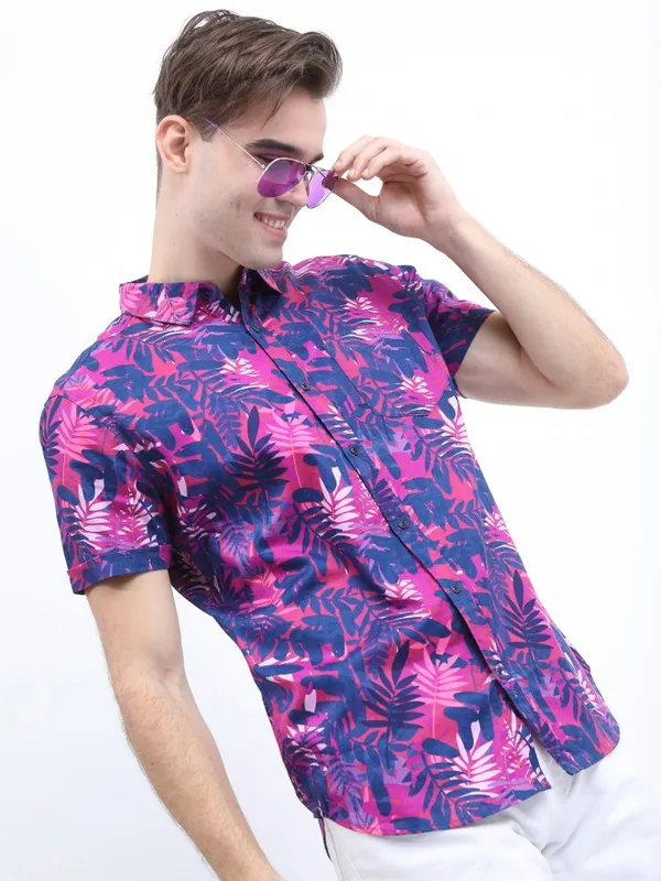  Highlander Men Blue Printed Slim Fit Casual Shirts