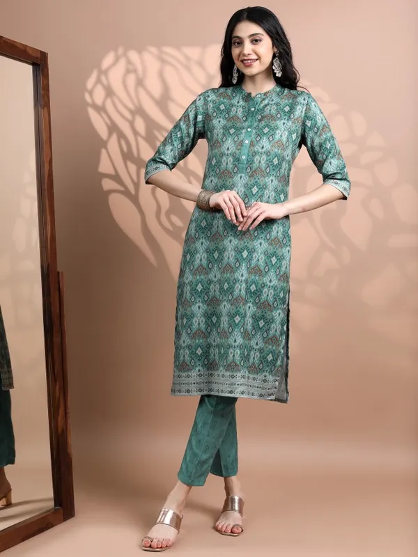 Vishudh Women Teal Printed Kurta With Trouser