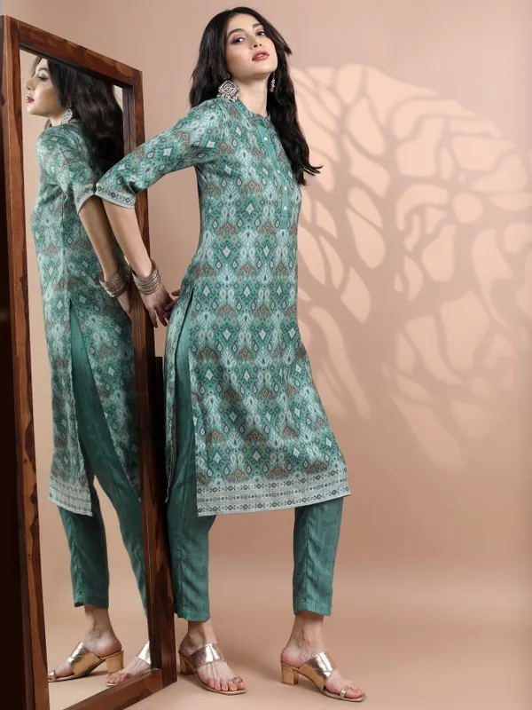Vishudh Women Teal Printed Kurta With Trouser