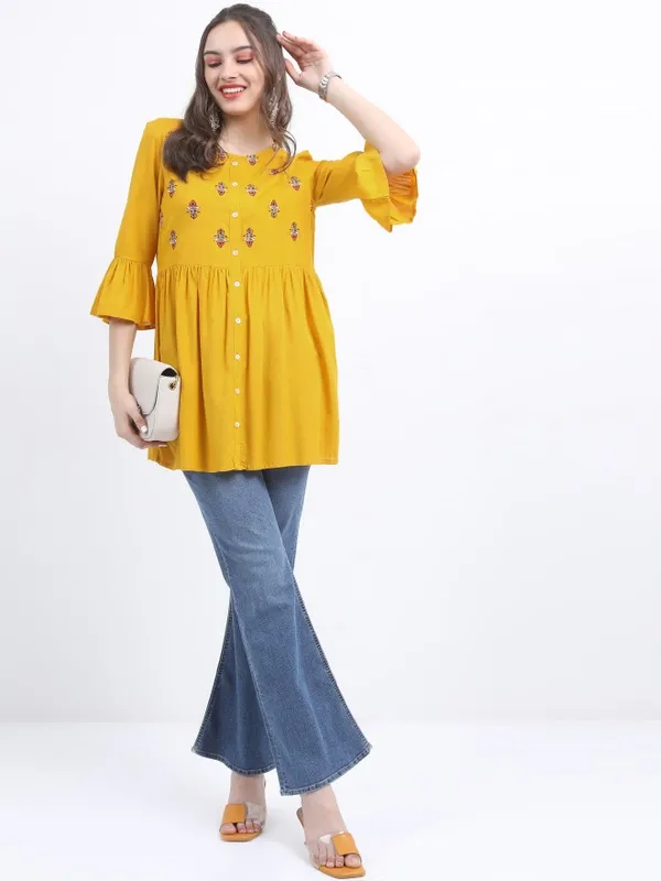  Vishudh Women Mustard Embroidered Tunics