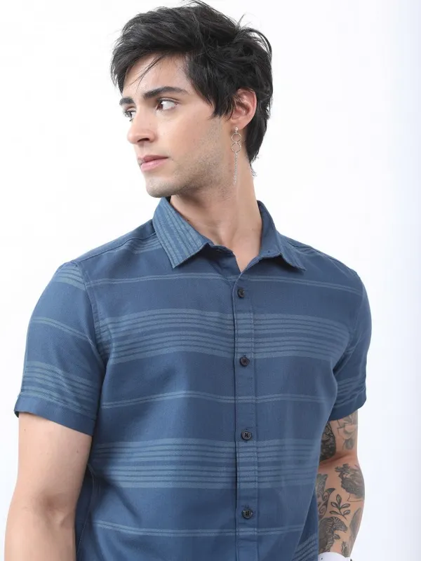  Highlander Men Teal Striped Slim Fit Casual Shirts
