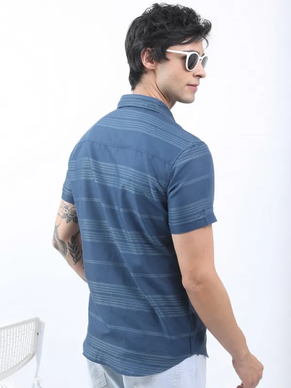  Highlander Men Teal Striped Slim Fit Casual Shirts
