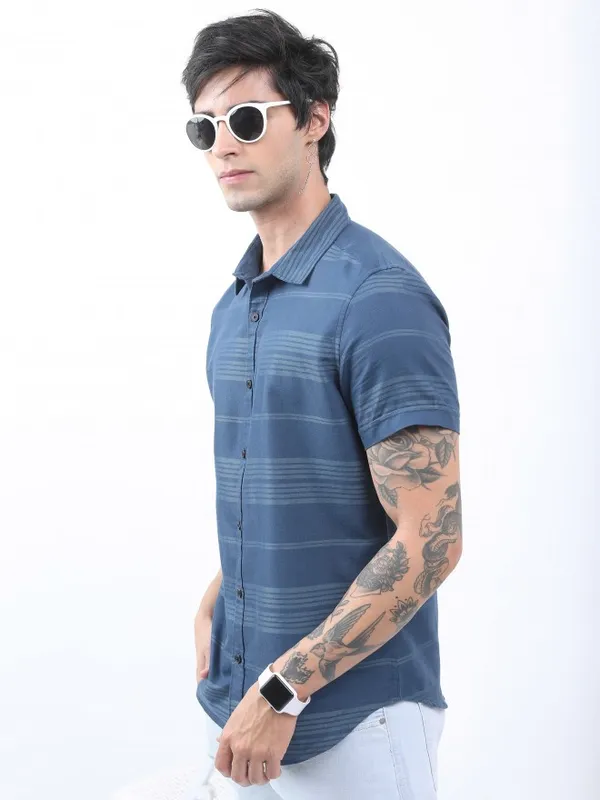  Highlander Men Teal Striped Slim Fit Casual Shirts