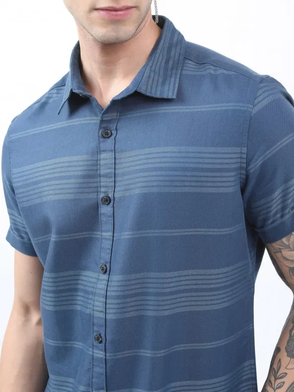  Highlander Men Teal Striped Slim Fit Casual Shirts