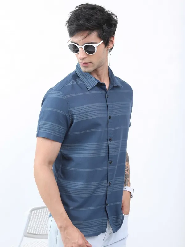  Highlander Men Teal Striped Slim Fit Casual Shirts