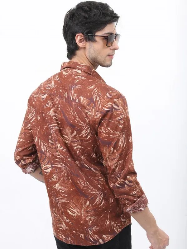  Highlander Men Terracotta Printed Slim Fit Casual Shirts