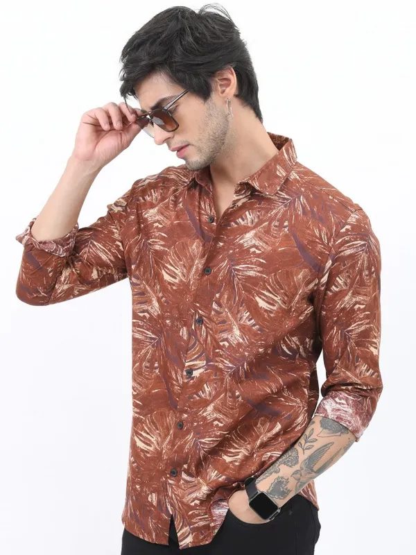  Highlander Men Terracotta Printed Slim Fit Casual Shirts