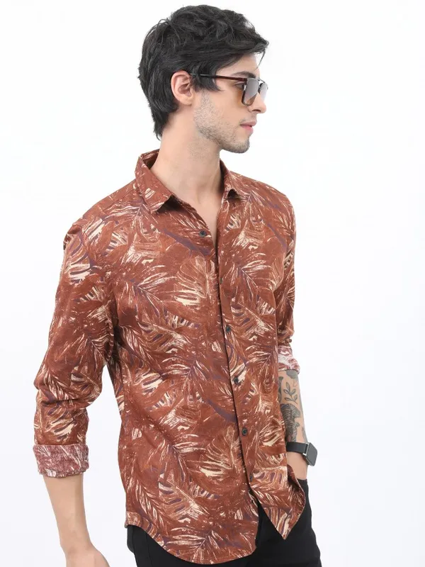  Highlander Men Terracotta Printed Slim Fit Casual Shirts