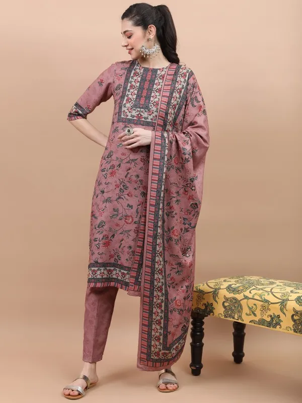 Vishudh Women Pink Printed Kurta With Trouser And Dupatta