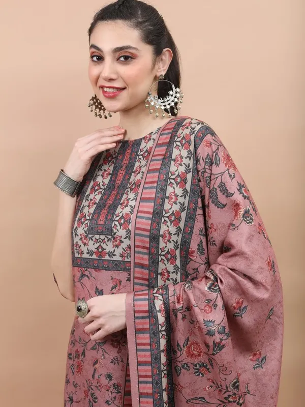 Vishudh Women Pink Printed Kurta With Trouser And Dupatta