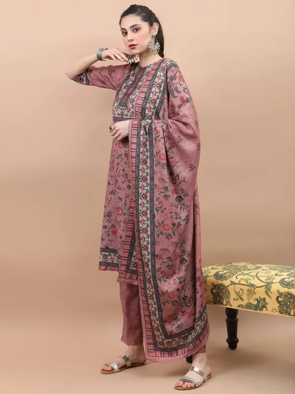 Vishudh Women Pink Printed Kurta With Trouser And Dupatta