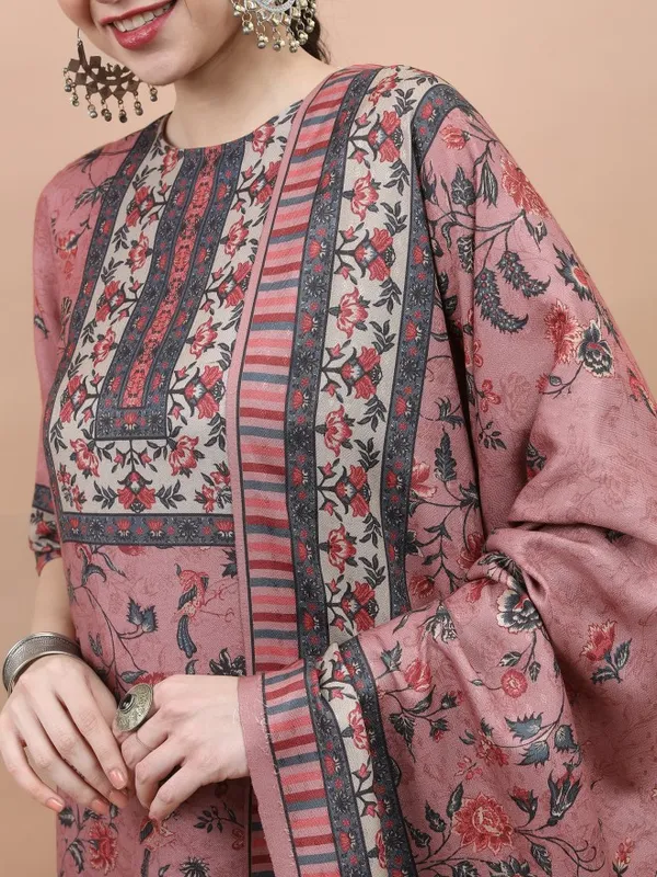 Vishudh Women Pink Printed Kurta With Trouser And Dupatta