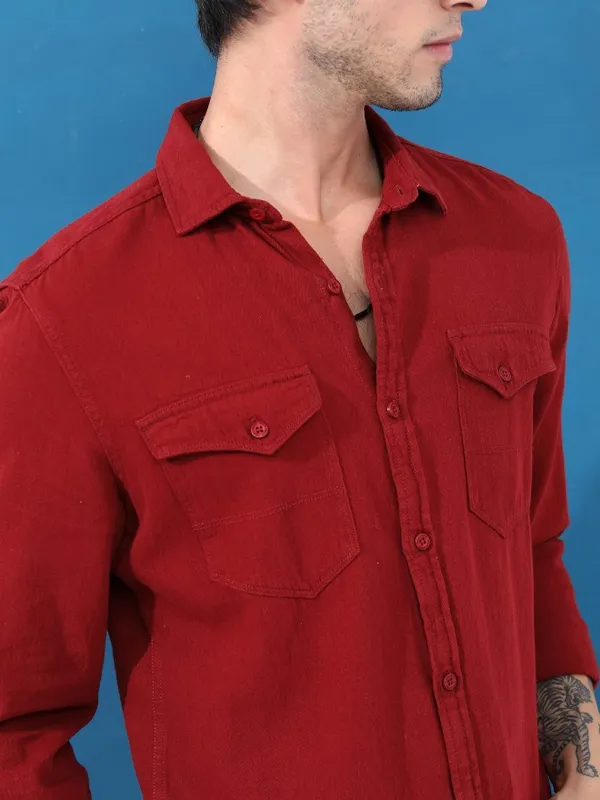  Highlander Men Maroon Solid Slim Fit Casual Shirts