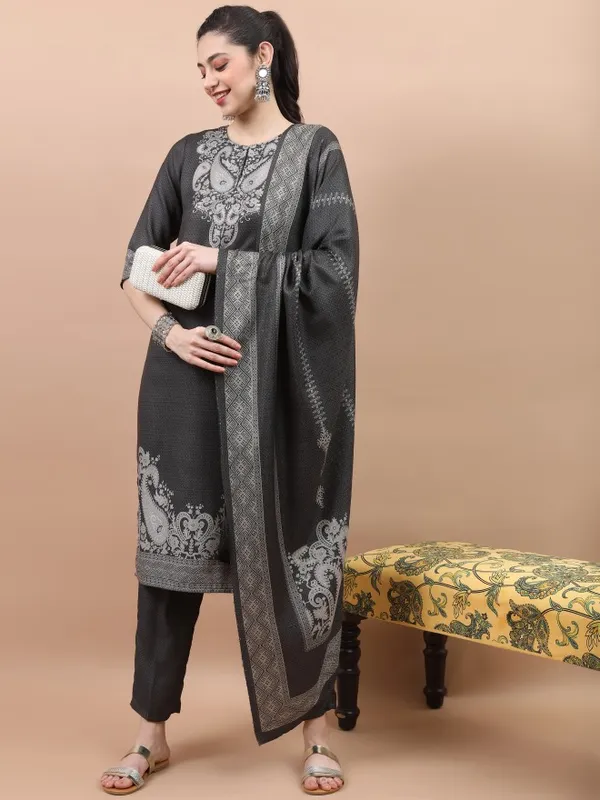 Vishudh Women Olive Printed Kurta With Palazzo And Dupatta