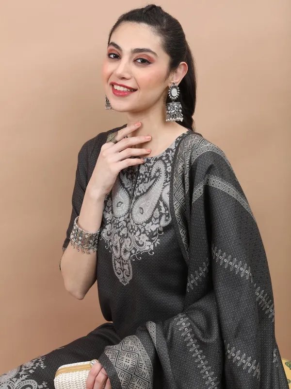 Vishudh Women Olive Printed Kurta With Palazzo And Dupatta