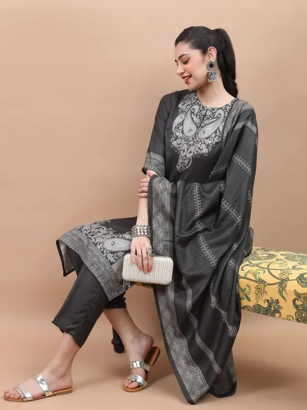 Vishudh Women Olive Printed Kurta With Palazzo And Dupatta