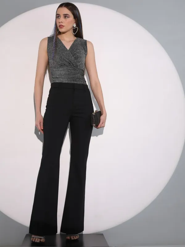 Tokyo Talkies Women Black Self Design Fitted Top