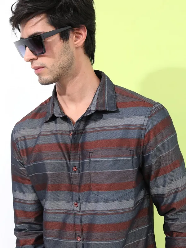  Highlander Men Brown Striped Slim Fit Casual Shirts