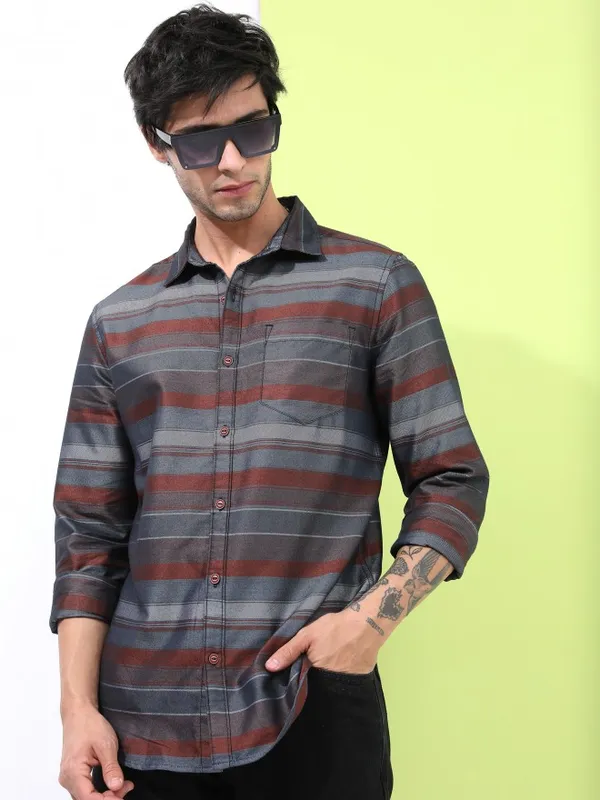  Highlander Men Brown Striped Slim Fit Casual Shirts