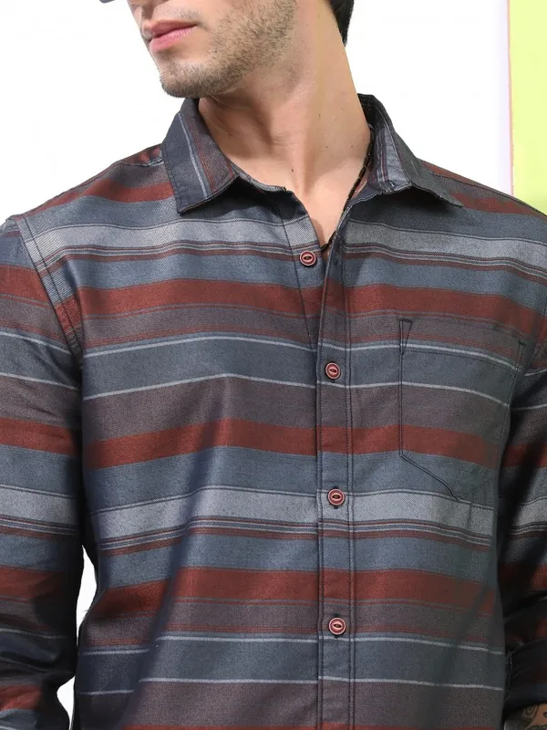  Highlander Men Brown Striped Slim Fit Casual Shirts