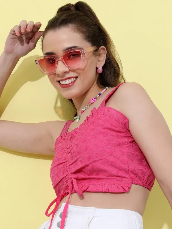 Tokyo Talkies Women Pink Self Design Regular Top