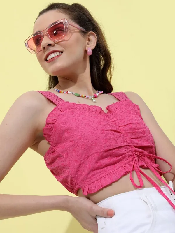 Tokyo Talkies Women Pink Self Design Regular Top